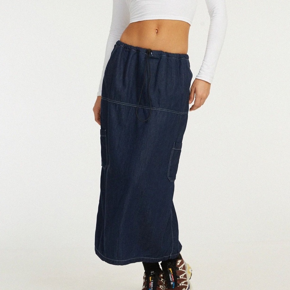 Motel Rocks Chambray Navy Cargo Adjustable Maxi Skirt with Contrast Stitching